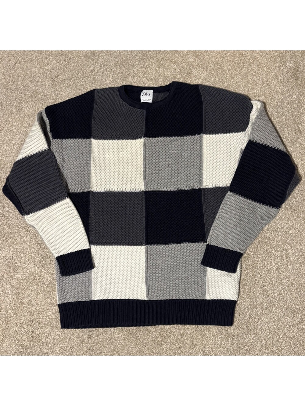 ZARA Mens M Color Block Chunky Knit Sweater Cotton Crewneck Gray Black White